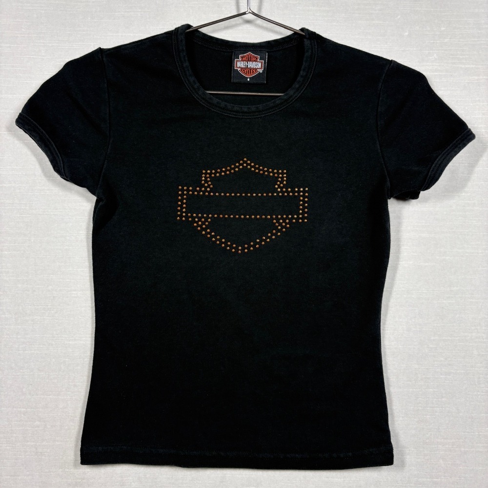 Harley Davidson‎ Shirt Womens Small Black Bling Outline Logo Y2K